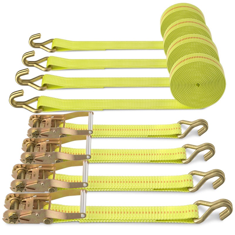 Autofonder Ratchet Tie Down Strap - 4 Pack 2" x 27' Heavy Duty Ratchet Straps with Aluminum Handle, Cargo Straps for Moving Appliances, Lawn Equipment, Motorcycle in a Truck Yellow - Image 1